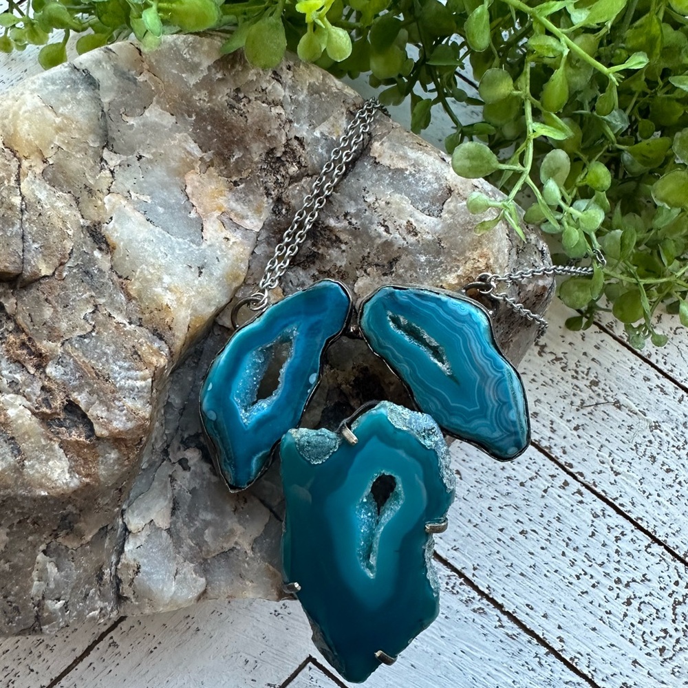 Teal Agate Geode Large Pendant Long Chain Necklace